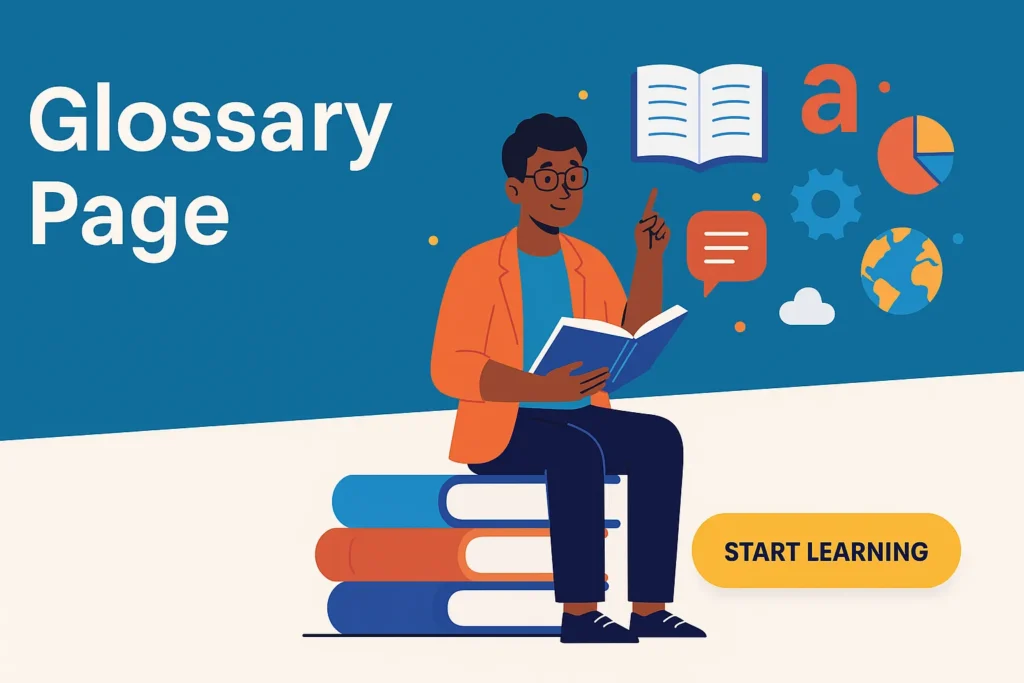 Hey CMO Glossary Page illustration — person reading on a stack of books with start learning CTA