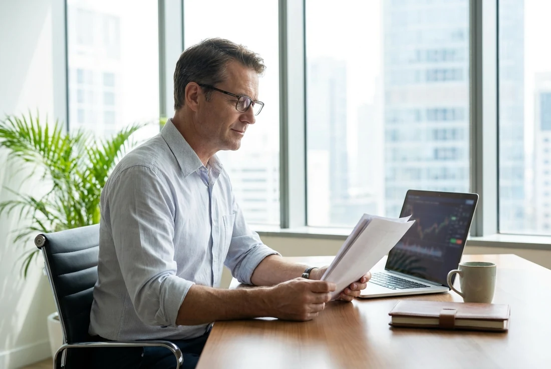 Fractional CFO reviewing financial reports at a desk