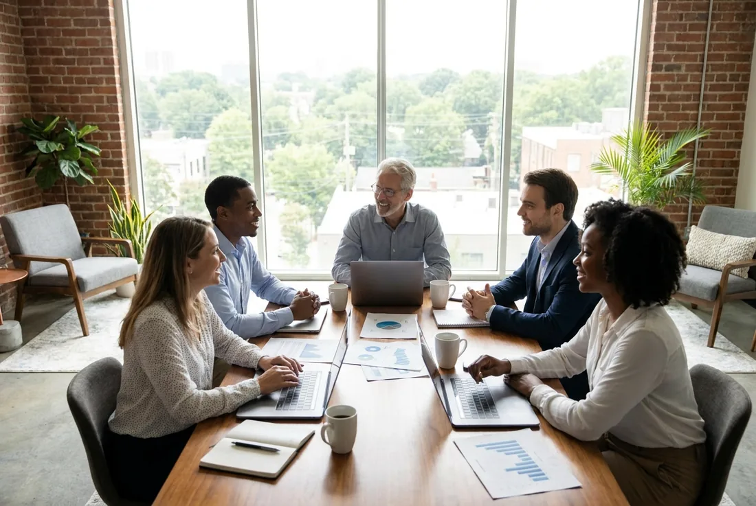 Marketing executives collaborating on growth strategy in a Atlanta office