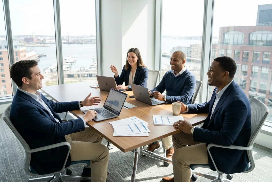 Marketing executives collaborating on growth strategy in a Boston office