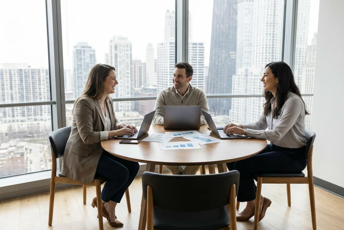 Marketing executives collaborating on growth strategy in a Chicago office