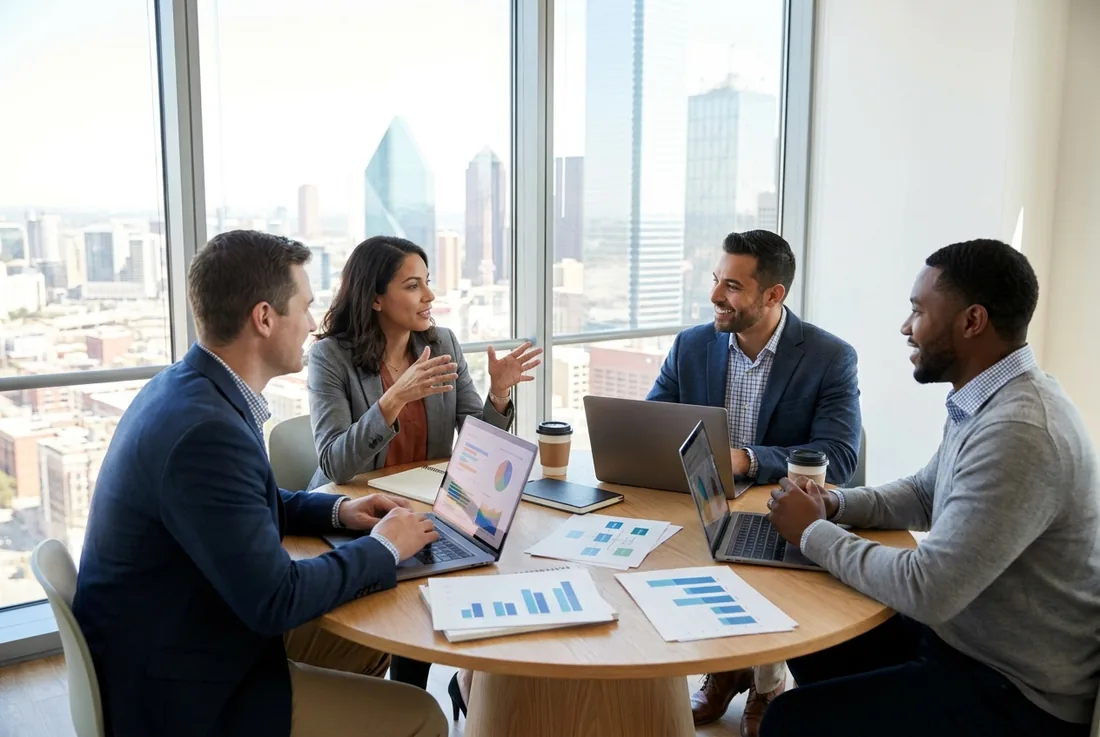Marketing executives collaborating on growth strategy in a Dallas office