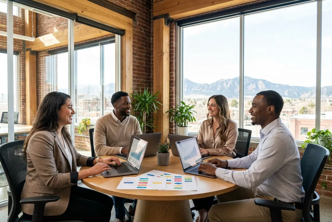 Marketing executives collaborating on growth strategy in a Denver office