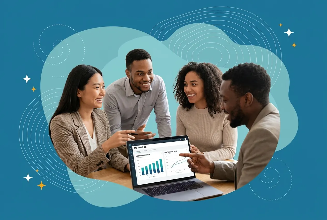 Fractional CMO reviewing DTC retention and lifetime value metrics with a team