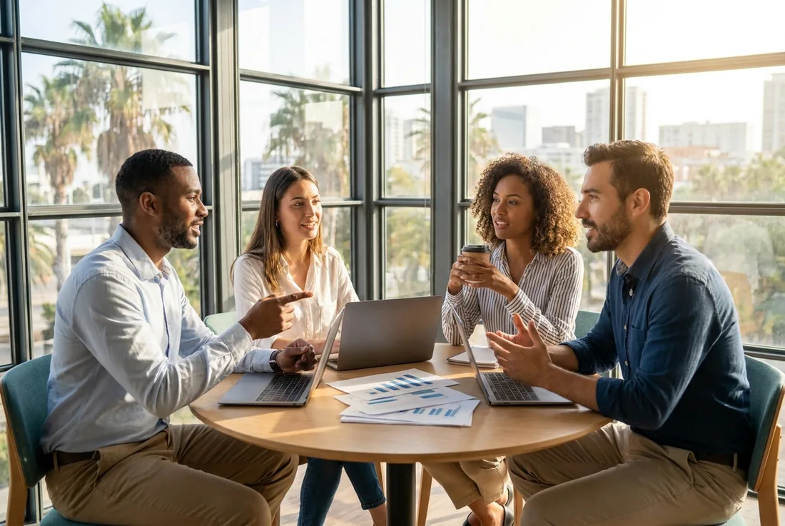 Marketing executives collaborating on growth strategy in a Los Angeles office