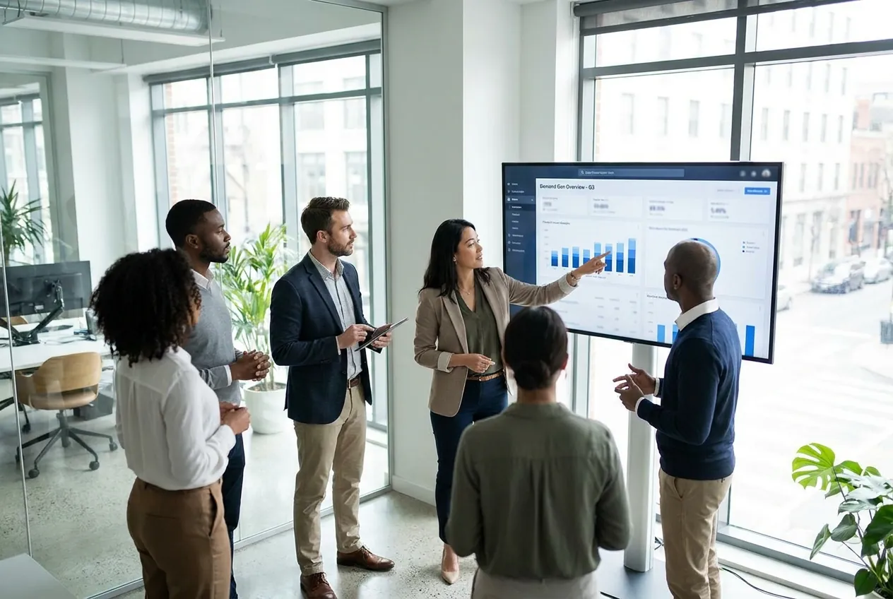 Marketing executive reviewing channel and industrial demand strategy with a manufacturing team