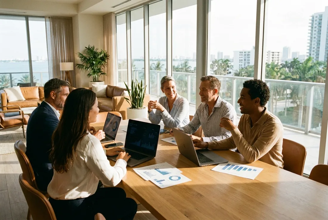 Marketing executives collaborating on growth strategy in a Miami office