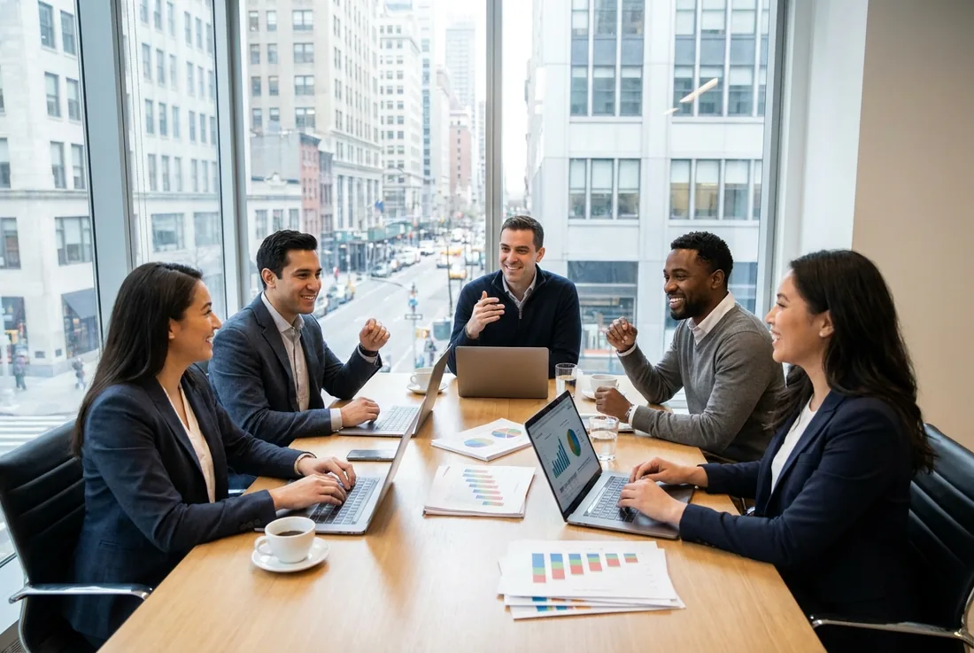 Marketing executives collaborating on growth strategy in a New York City office