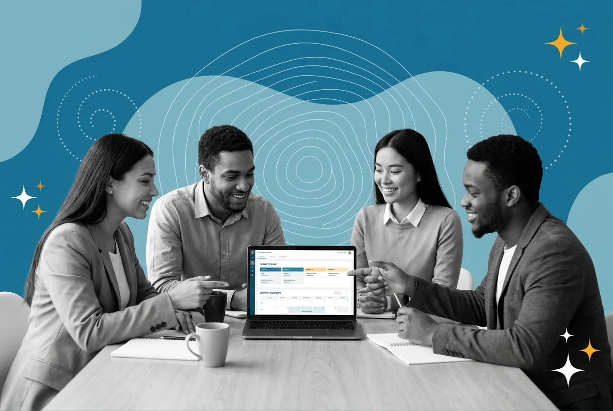 Fractional CMO planning a firm's client pipeline and content with a consulting team