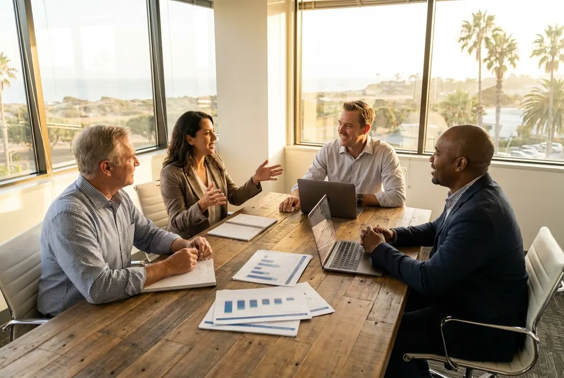 Marketing executives collaborating on growth strategy in a San Diego office