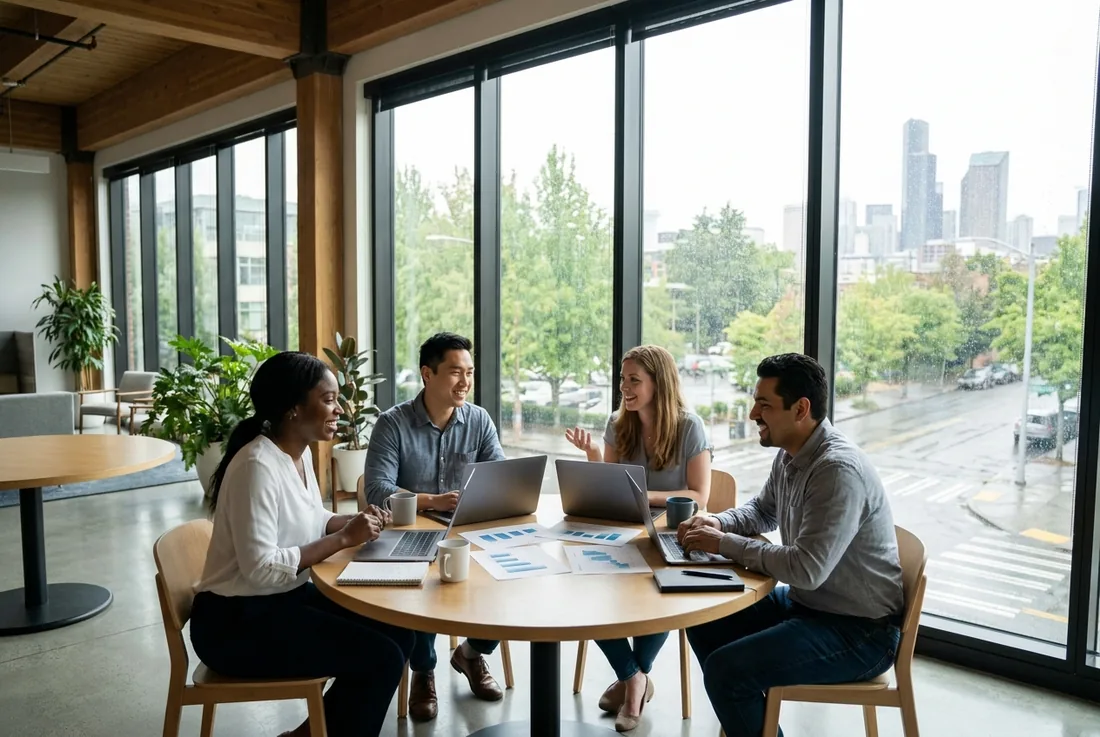 Marketing executives collaborating on growth strategy in a Seattle office