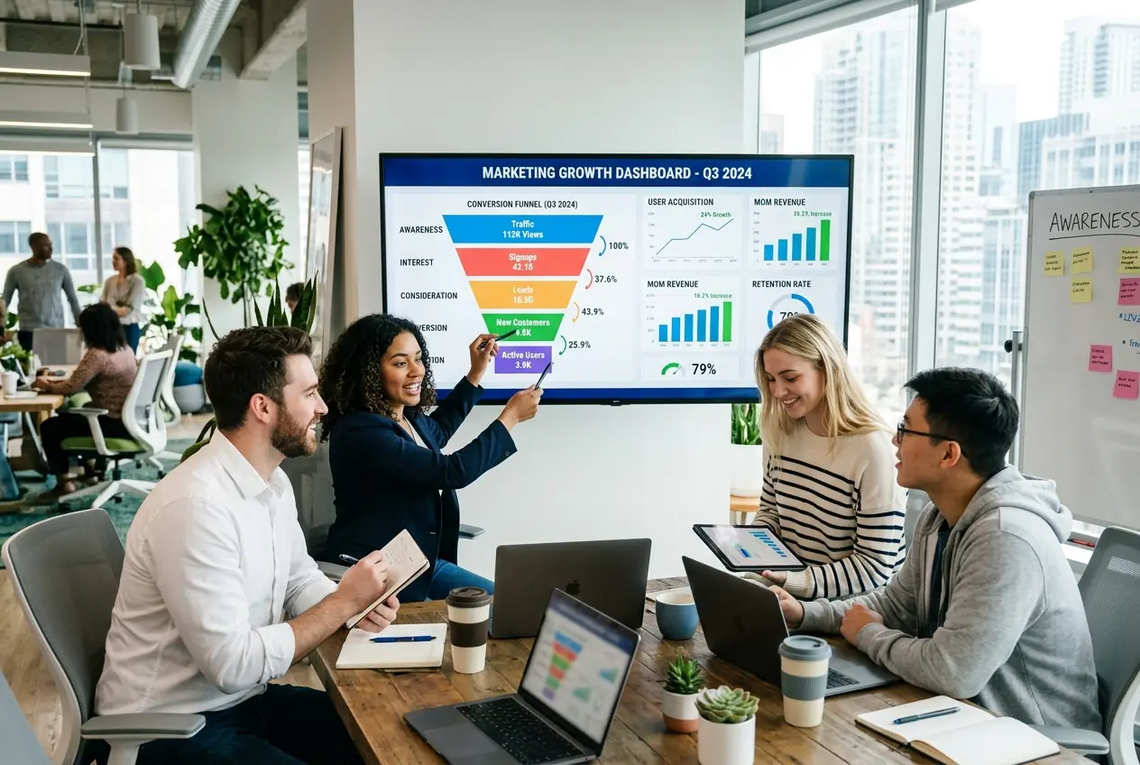 Marketing executive mapping lean go-to-market strategy with a startup team