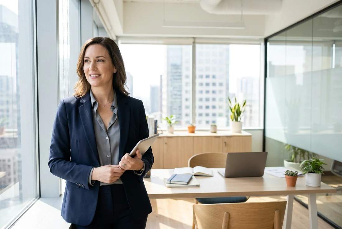 Fractional COO reviewing operations on a tablet in a modern office