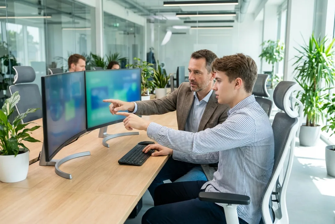 Fractional CTO and a developer reviewing a product on screen