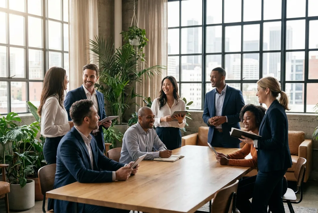 Group of fractional executives networking in a modern coworking space