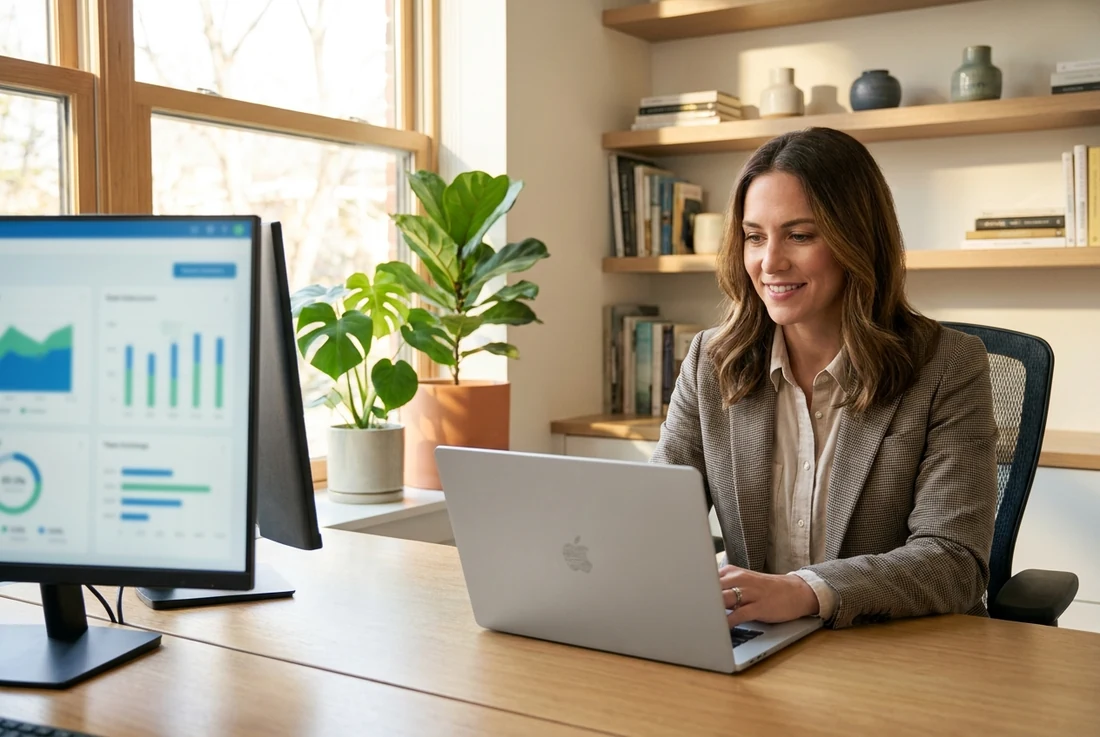 Fractional executive working at a laptop in a modern home office