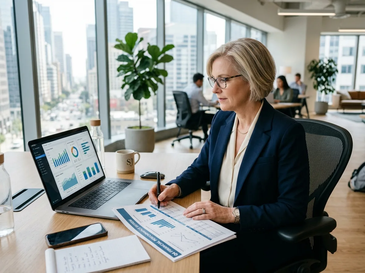 Fractional CFO reviewing financial dashboards and reports in a modern office