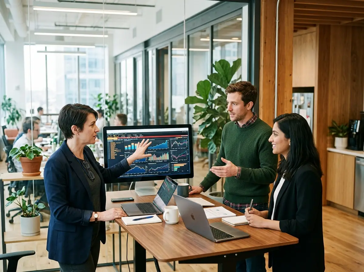 Senior Fractional CFO reviewing financial dashboards with startup founders