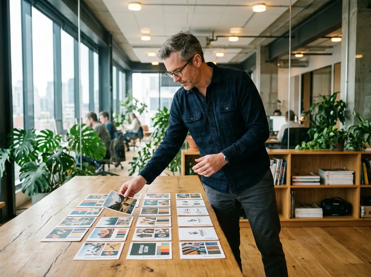 Marketing consultant arranging brand positioning concepts for his Fractional CMO practice