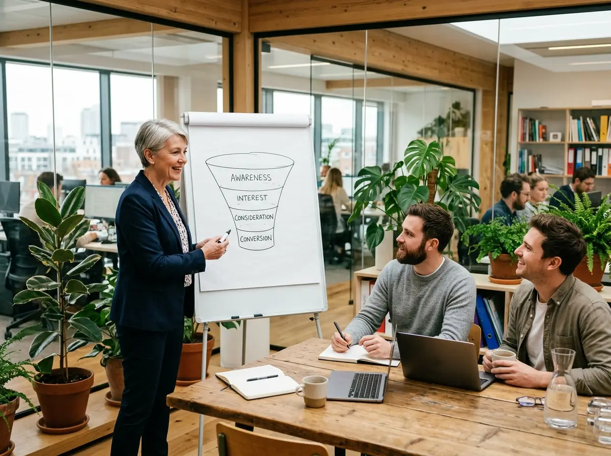 Fractional CMO presenting a marketing funnel to startup founders
