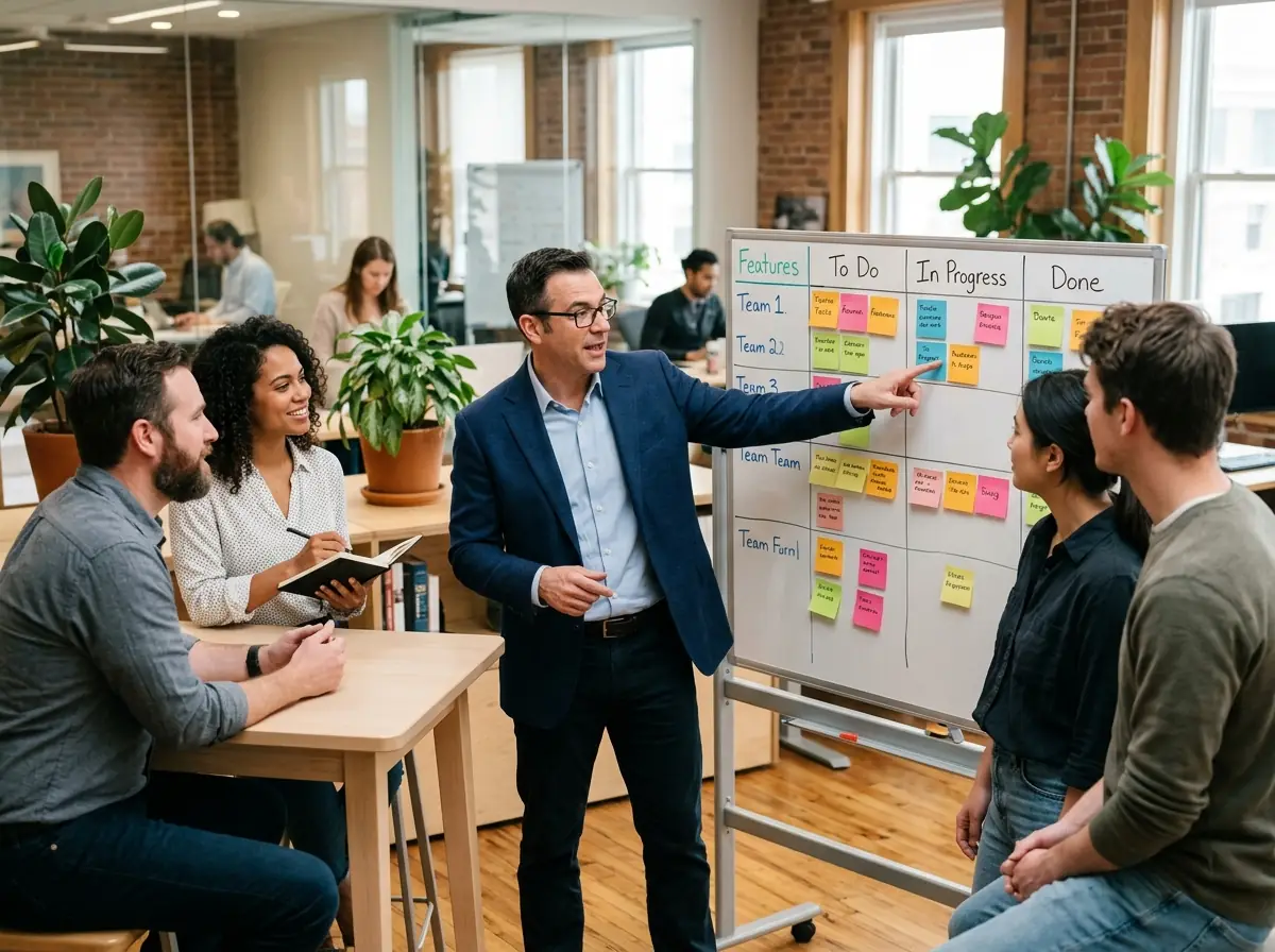 Fractional COO leading a team standup at a kanban board