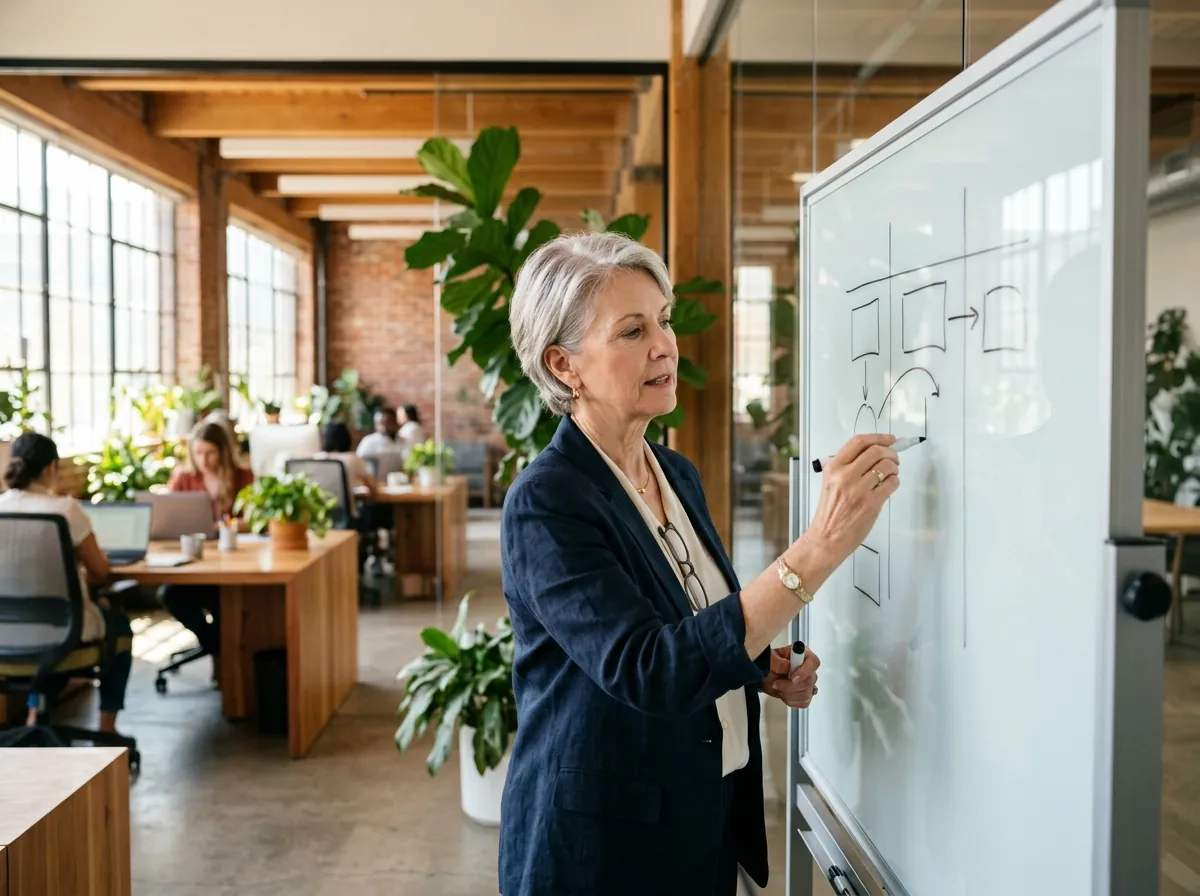 Technology consultant defining her Fractional CTO niche and offer at a whiteboard