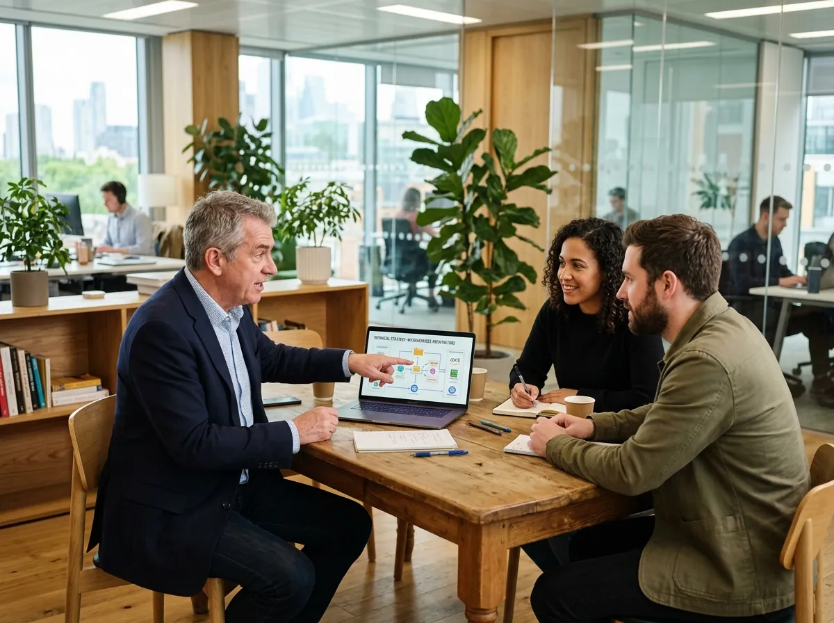 Senior Fractional CTO leading a technical strategy discussion with startup founders over a system architecture diagram