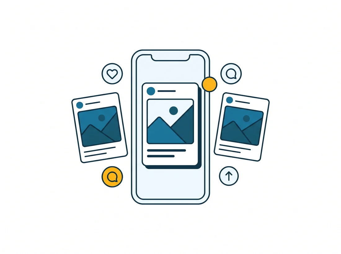 Flat illustration of launch-ready social media post templates on a phone with engagement icons