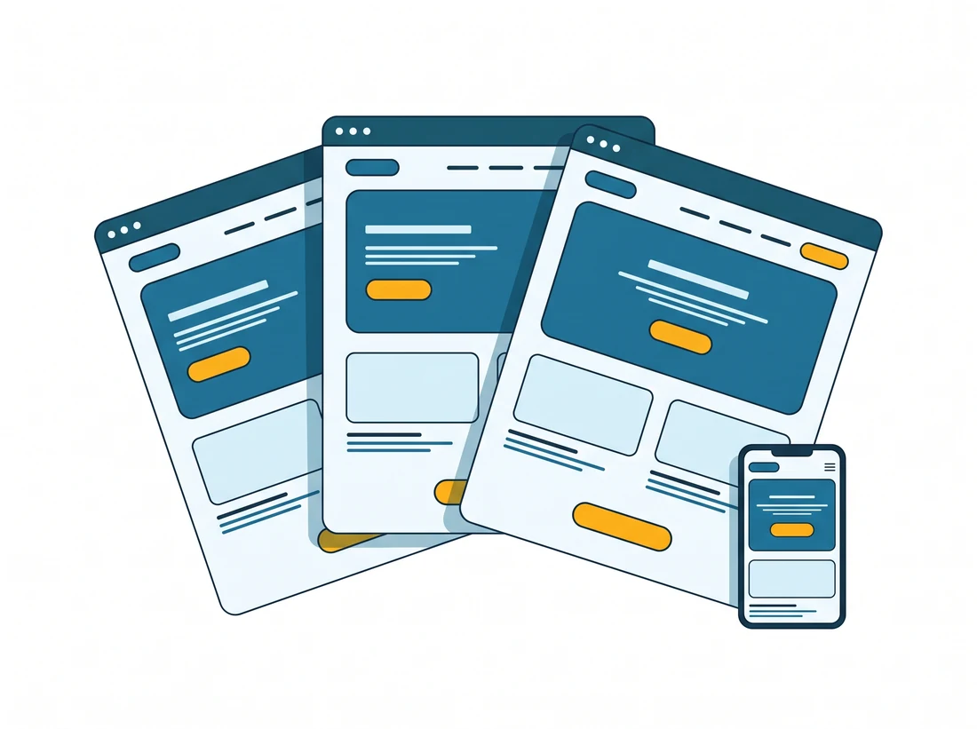 Flat illustration of launch-ready website templates shown in three browser frames and a mobile view