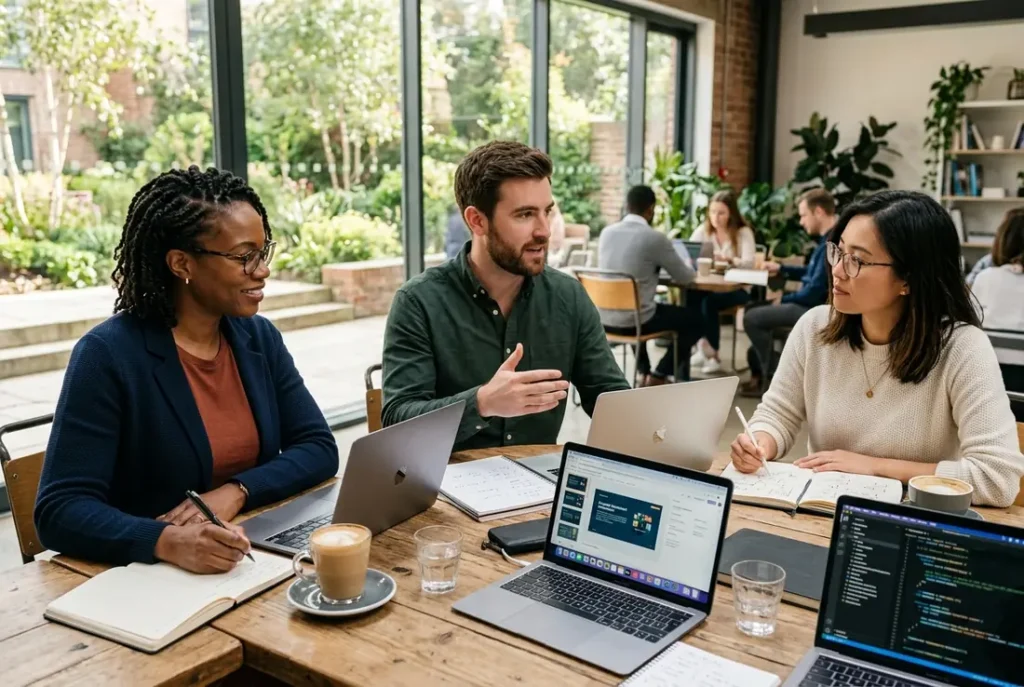 Diverse fractional executives collaborating over laptops at a modern co-working space