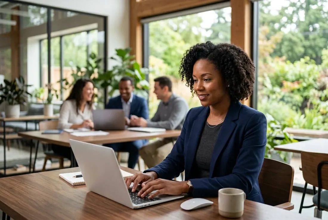 Fractional executive working across multiple client engagements in a flexible workspace