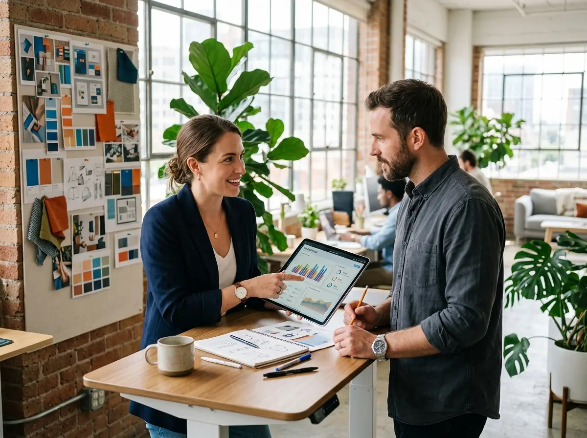 Fractional CMO reviewing campaign analytics with a designer