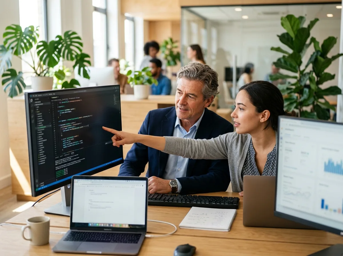 Fractional CTO reviewing code with an engineer