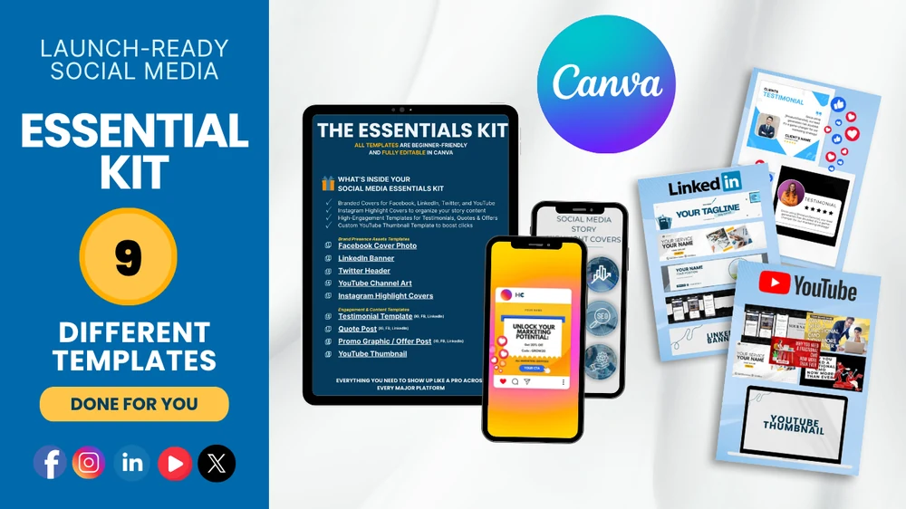 Launch-Ready Social Media Essentials Kit with 9 editable Canva templates