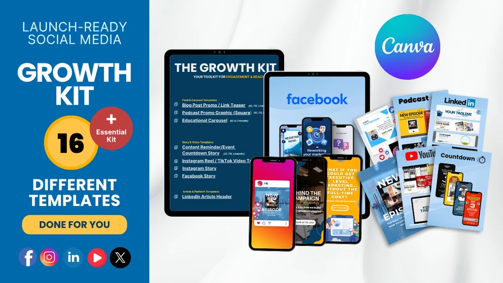 Launch-Ready Social Media Growth Kit with 16 editable Canva templates plus the Essentials Kit