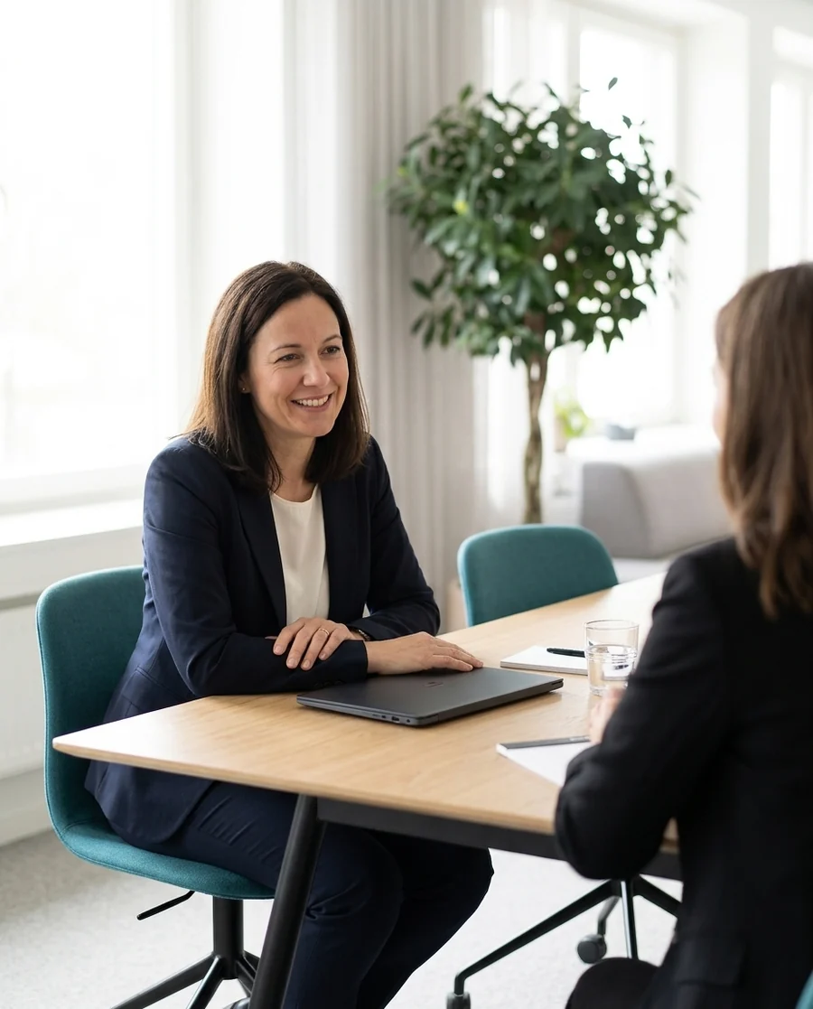 Sample Fractional CMO in conversation with a client across a meeting table