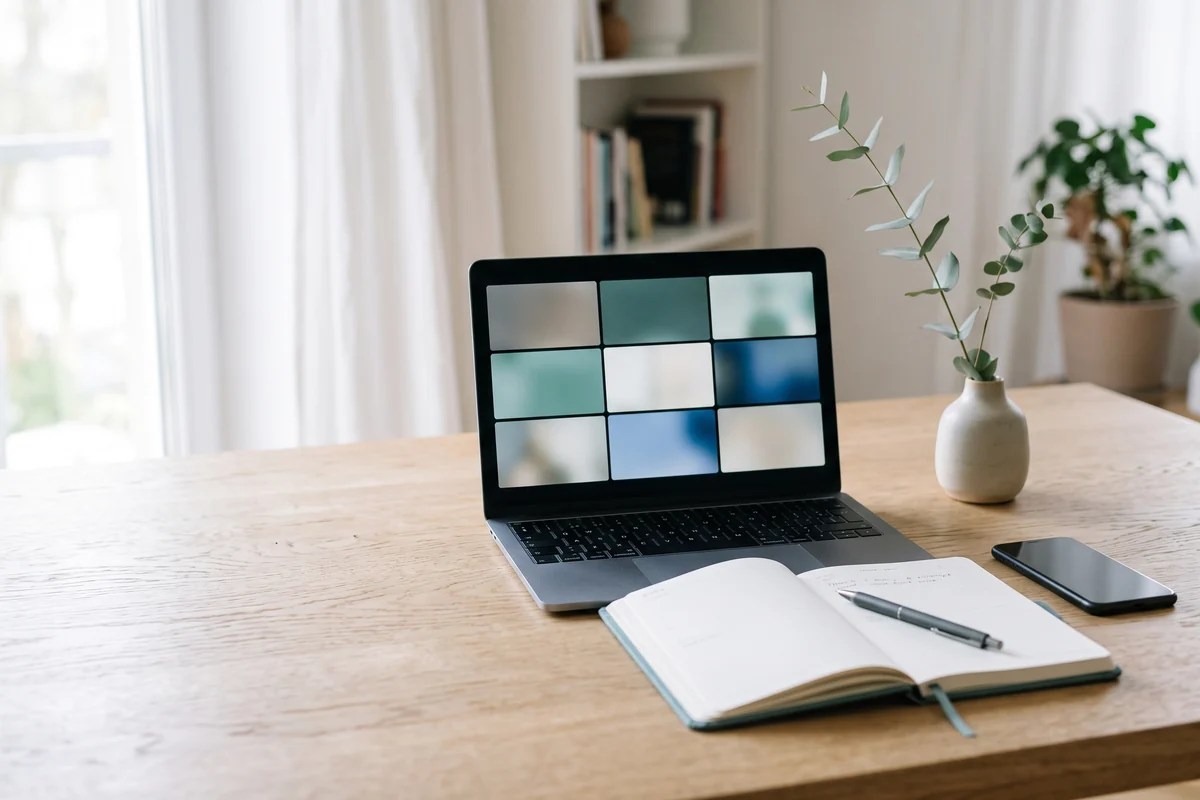 Laptop set up for a video call on a calm desk with a notebook and a plant