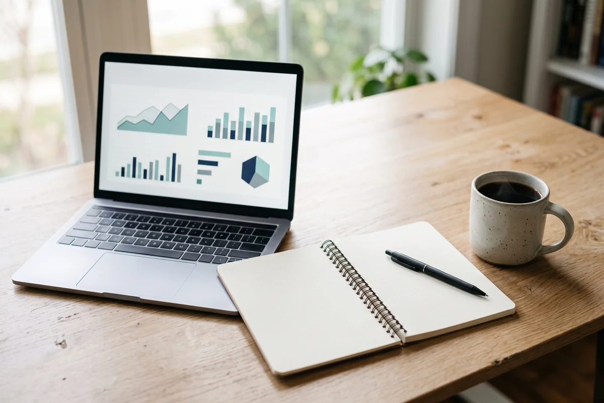 Laptop showing a simple marketing dashboard beside a notebook and coffee