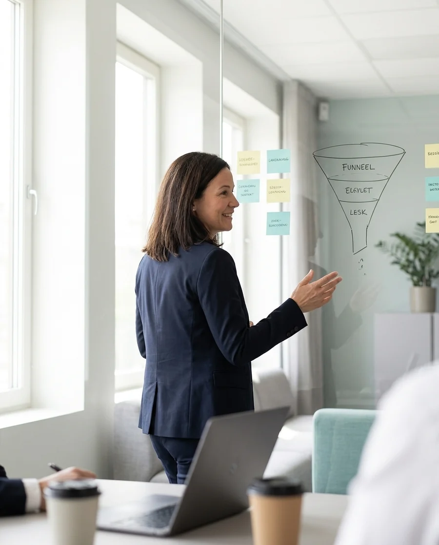 Sample Fractional CMO walking a team through a funnel plan on a glass wall