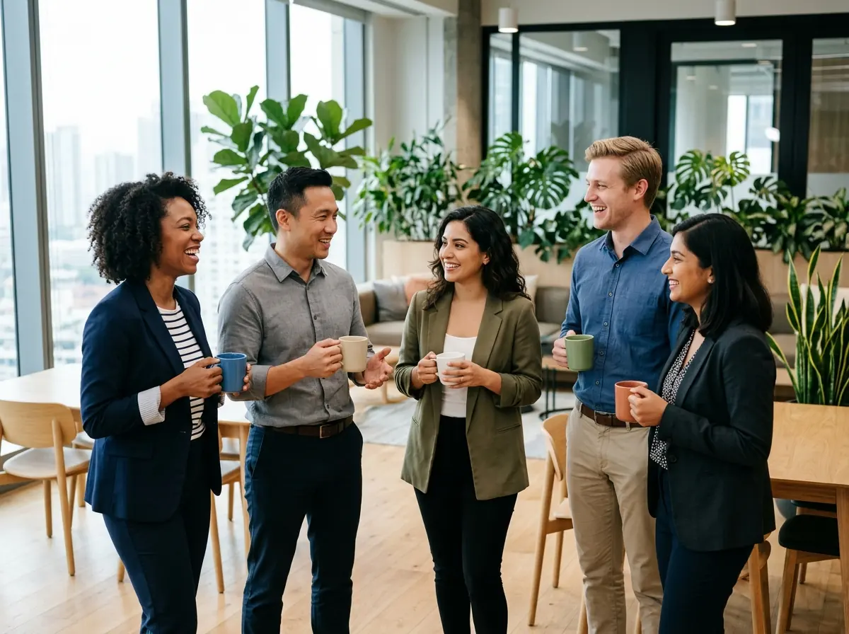 Colleagues talking in a healthy workplace shaped by a Fractional CHRO