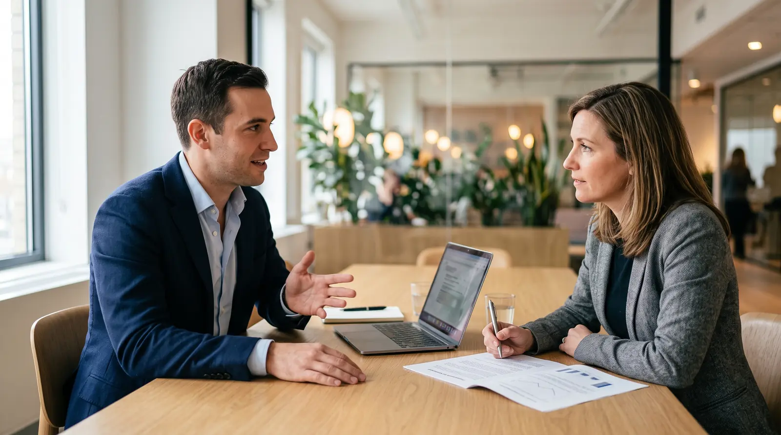 A founder and a Fractional CMO discussing engagement scope and rates across a meeting table