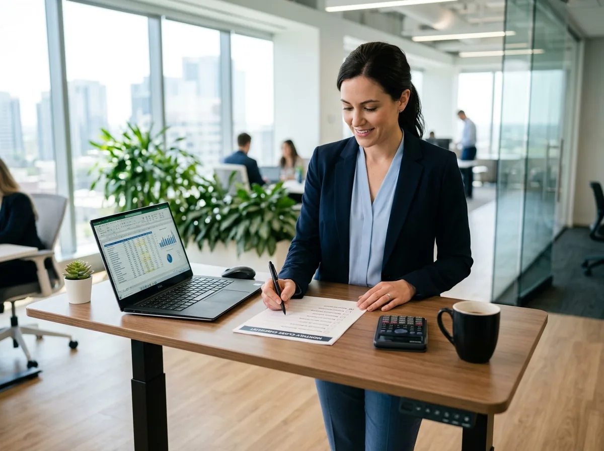 Fractional Controller closing the monthly books at a standing desk