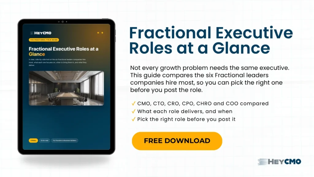Fractional Executive Roles at a Glance infographic cover from Hey CMO