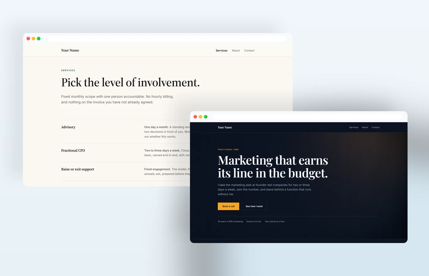 Two different Fractional executive website templates built by Hey CMO, a warm ivory services page and a dark editorial home page