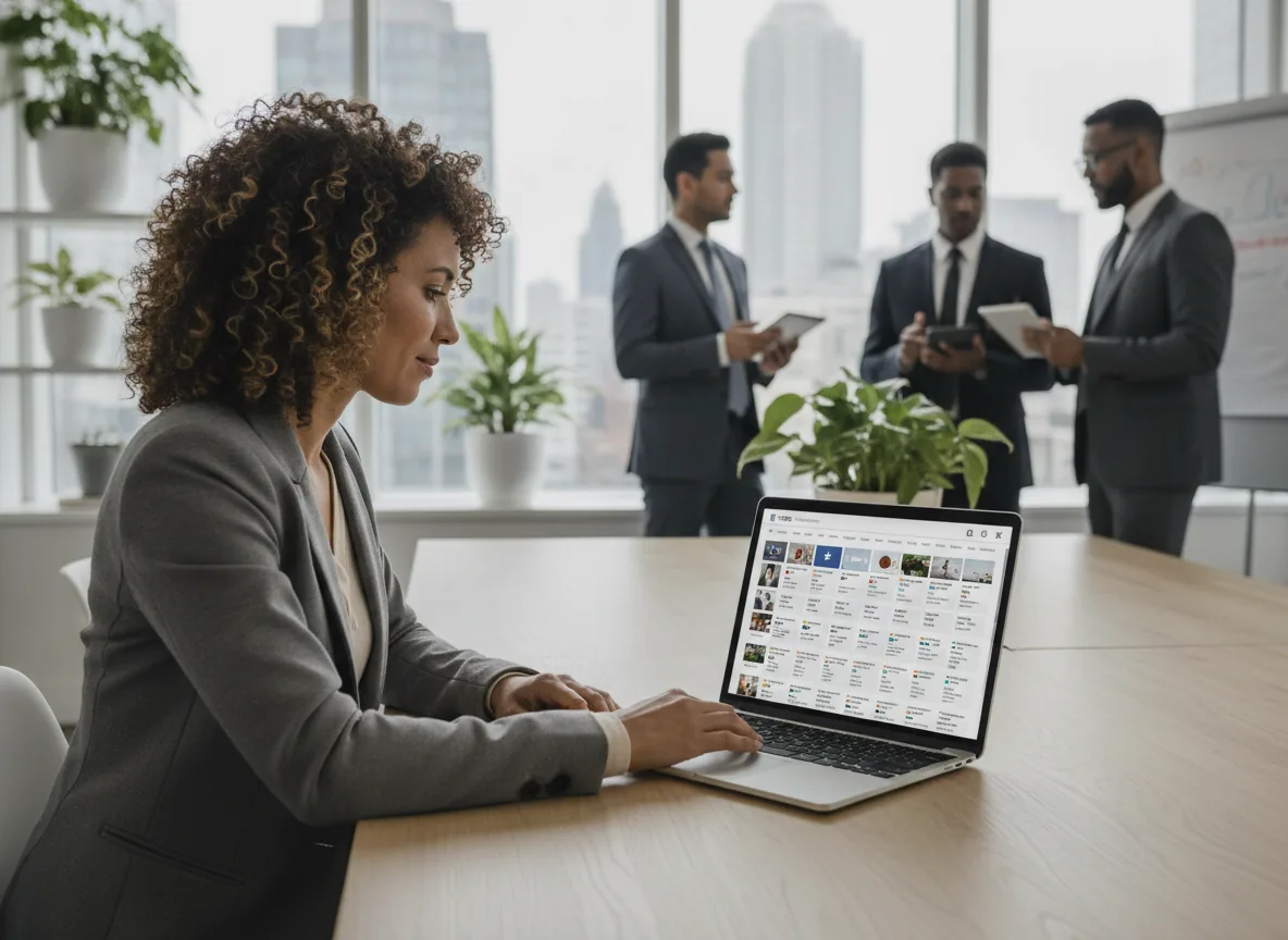 marketing manager reviewing social media analytics with a colleague - AI Social Media Tool