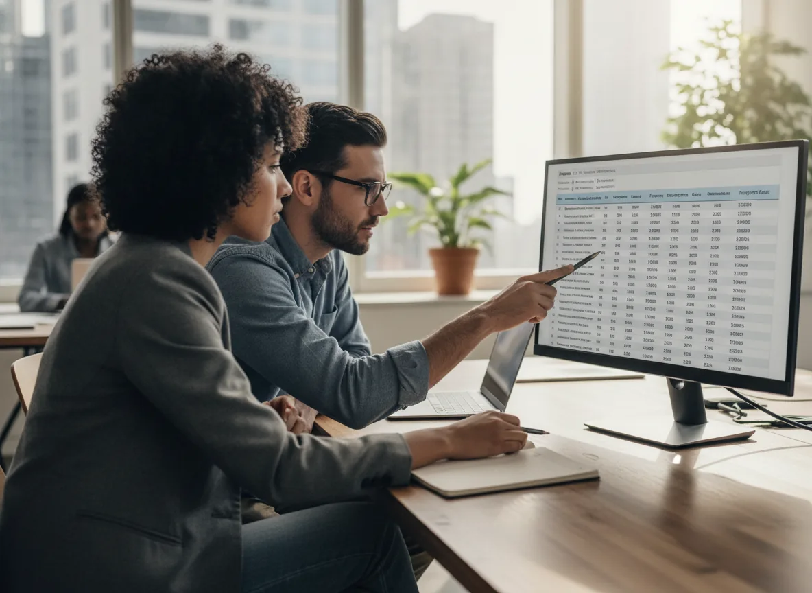 Colleagues comparing monthly reports - Analytics & Reporting Tools