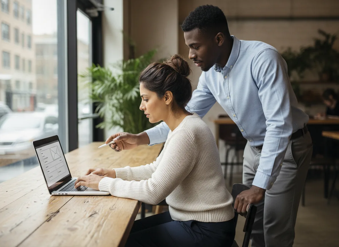 consultant reading and replying to client email on a laptop in a bright office - Business Email Account