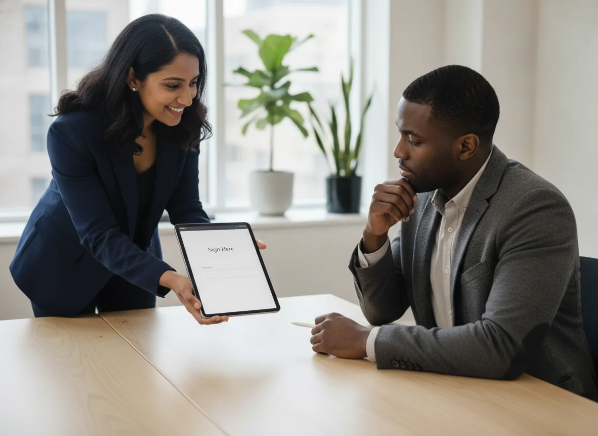 professionals finalizing an agreement digitally on a laptop - E-Signature Tool