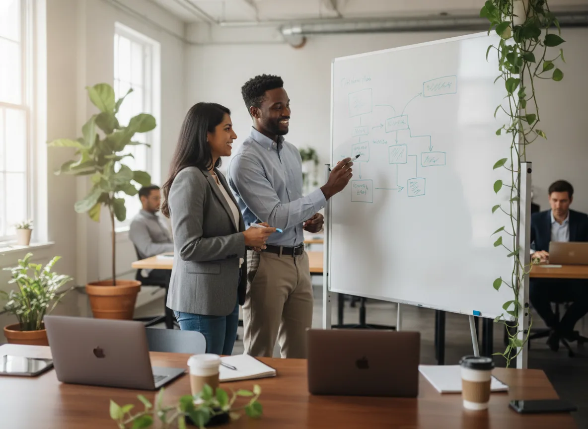 marketing leader presenting a growth roadmap on a whiteboard to two founders - Fractional Academy