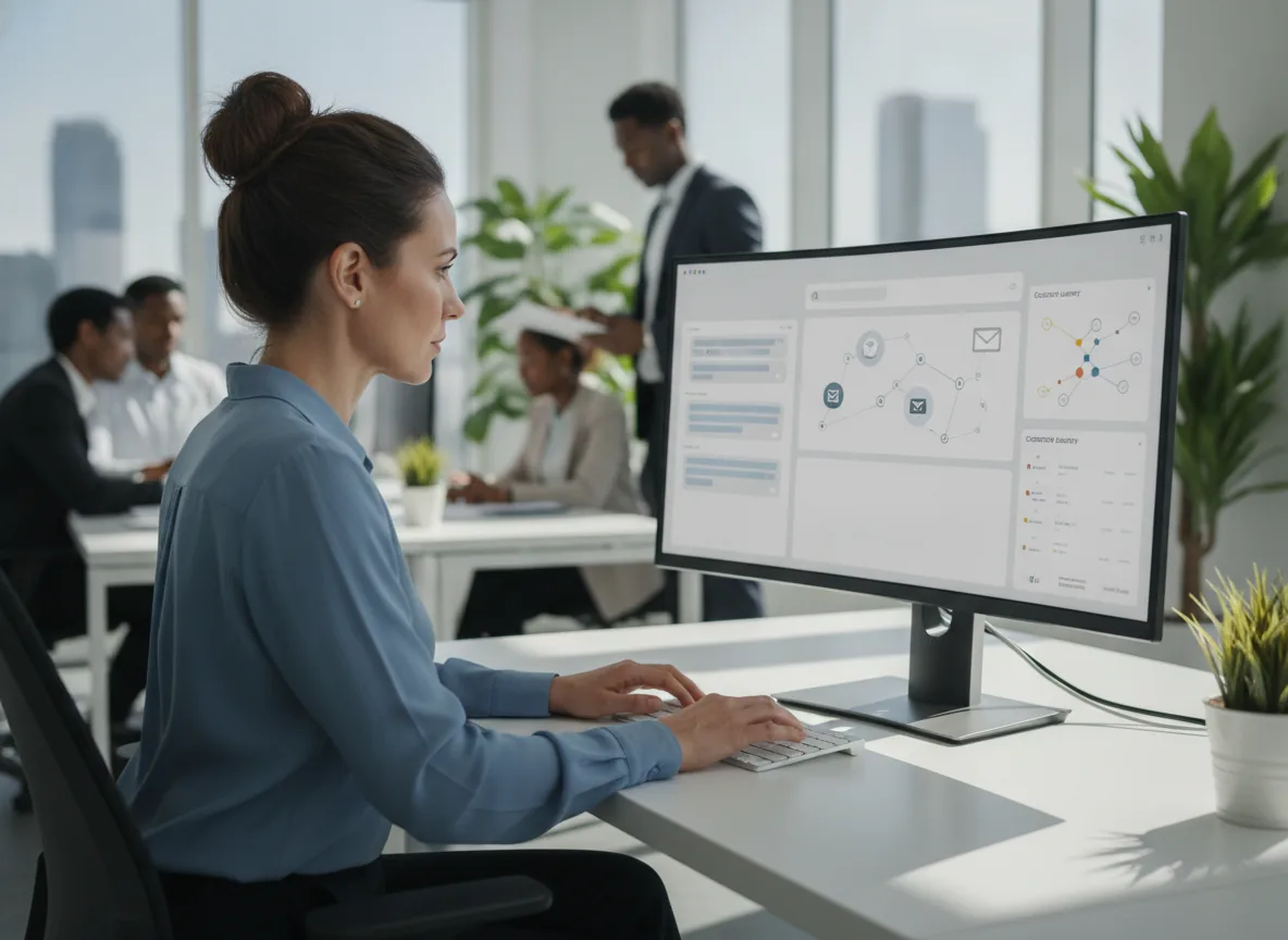 small team monitoring live chat conversations on monitors in a bright office - Live Chat & Support Tool